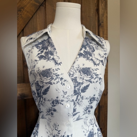 Aakaa Wmn Floral Print Maxi Dress Collar Sleeveless Open Back White/BlueGray LG - Picture 4 of 11